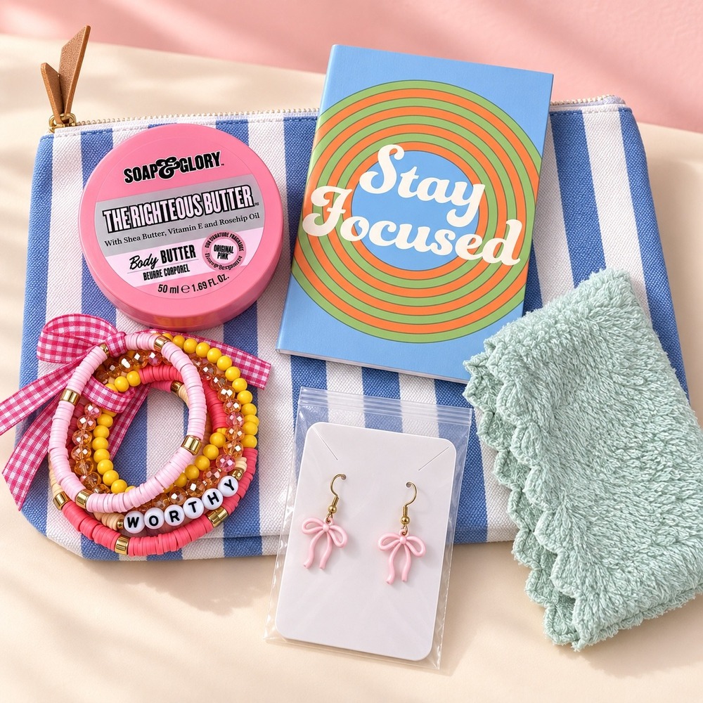 6-Piece Self Care Gift Set Soap & Glory Jewelry Notebook Cosmetic Bag